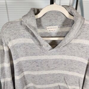 British Khaki $99 Medium Shawl Collar 100% Cotton Gray White Stripe Sweater
